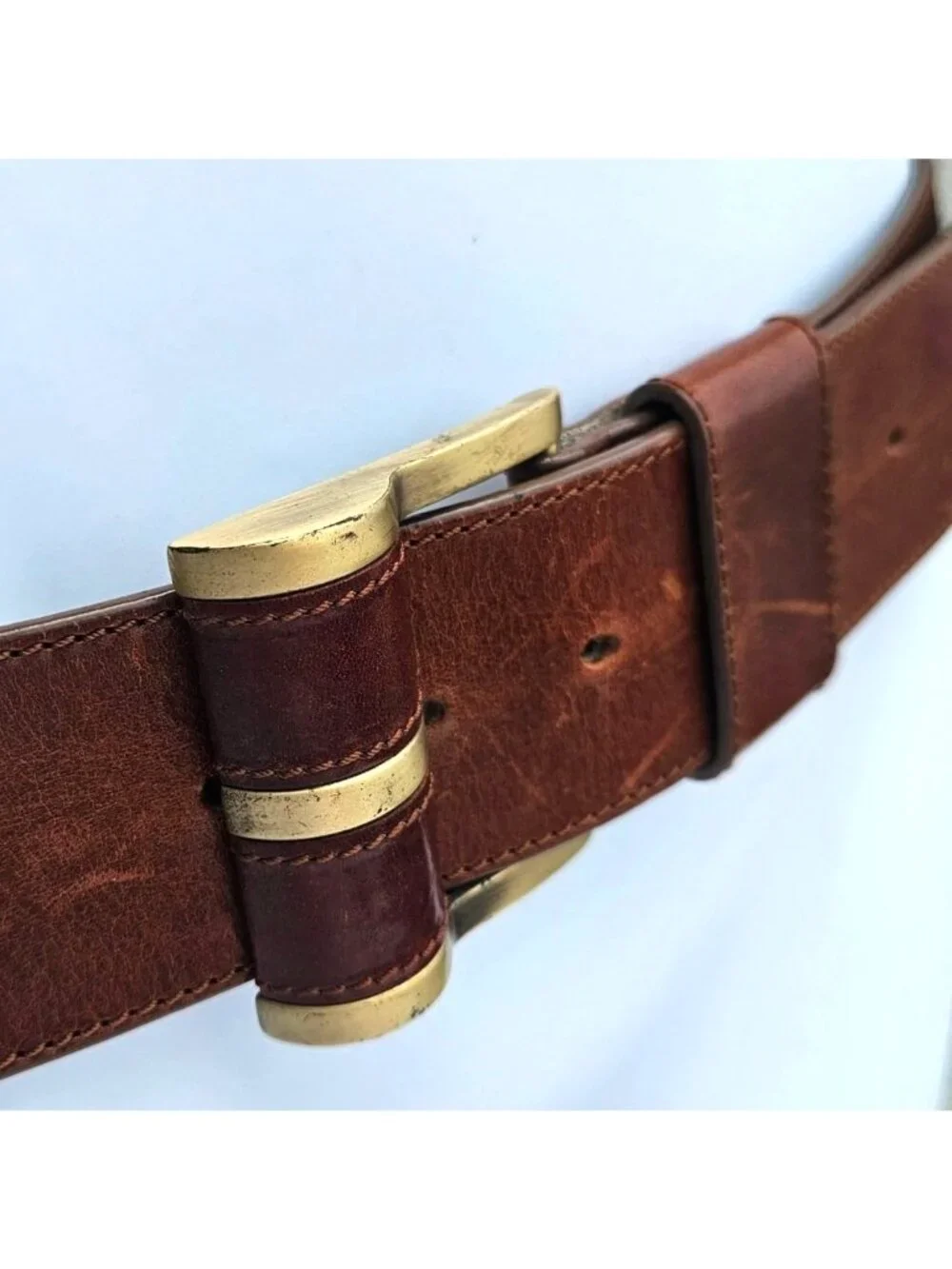 DKNY Donna Karan Wide Brown Leather Belt Brass Buckle Italy Sz L 31-36
